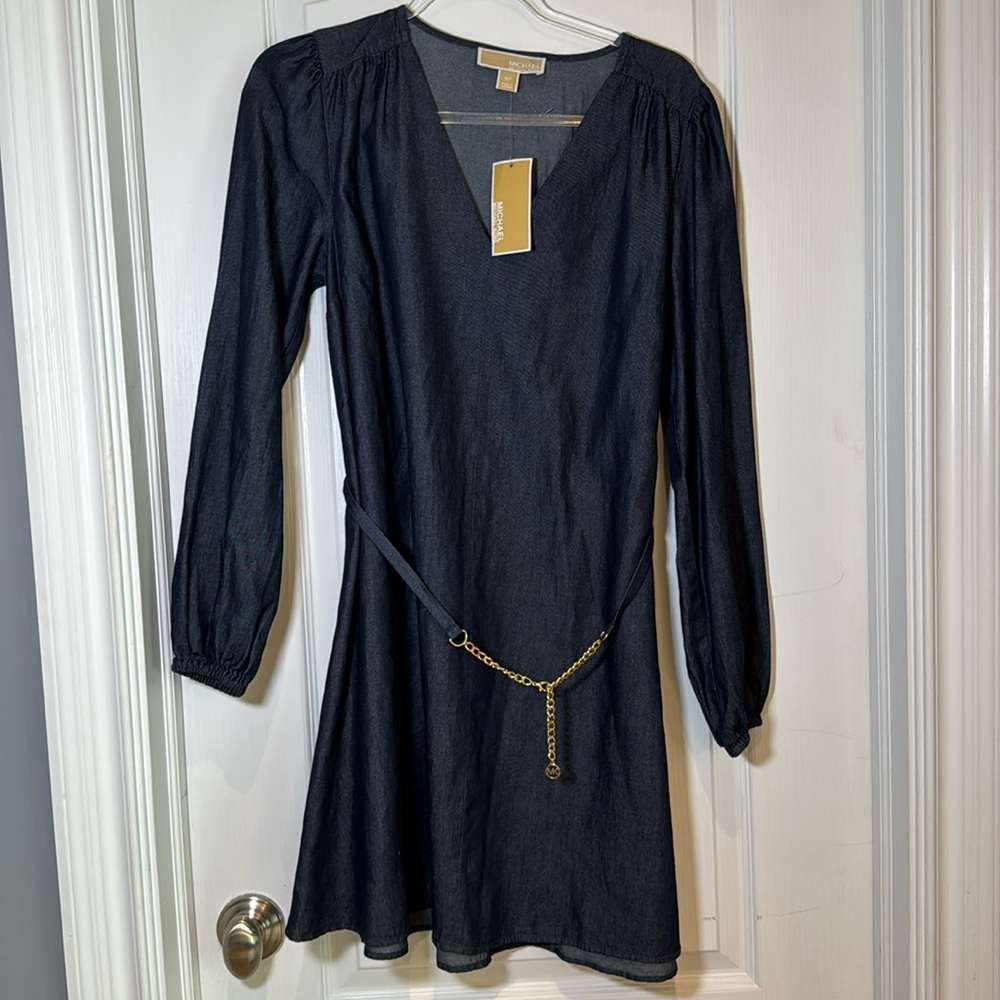 New Michael Kors Navy Long-Sleeve Dress with Chain Belt Size Small